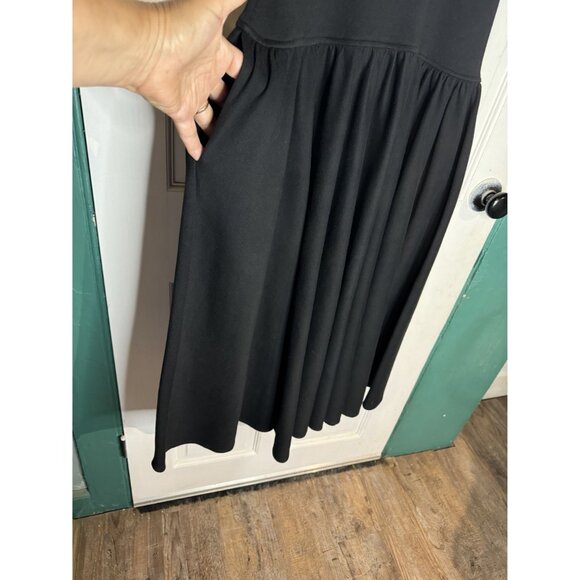 90's Michelle Stuart Black Midi Dress With Ruched Sleeves & Flared Skirt - Picture 2 of 5